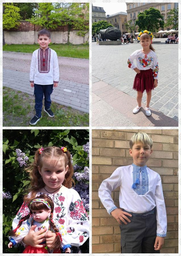 Колаж із чотирьох фотографій, на кожній з яких зображено дитину у традиційній українській вишиванці, що позирує на вулиці, у місті або на тлі природи