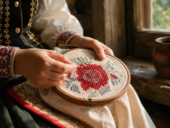 Великий план рук жінки в українському традиційному костюмі, яка вишиває хрестиком велику червону троянду з сіро-зеленими листочками на полотні, натягнутому на круглі дерев'яні п'яльця.