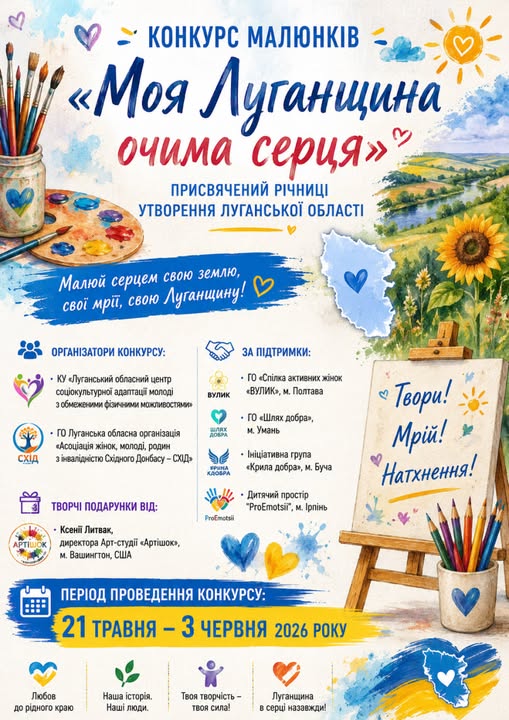 На зображенні представлено яскравий інформаційний плакат конкурсу малюнків «Моя Луганщина очима серця», прикрашений художніми пензлями, палітрою, малюнком соняшника та детальною текстовою інформацією про організаторів, партнерів та терміни проведення заходу з 21 травня по 3 червня 2026 року.