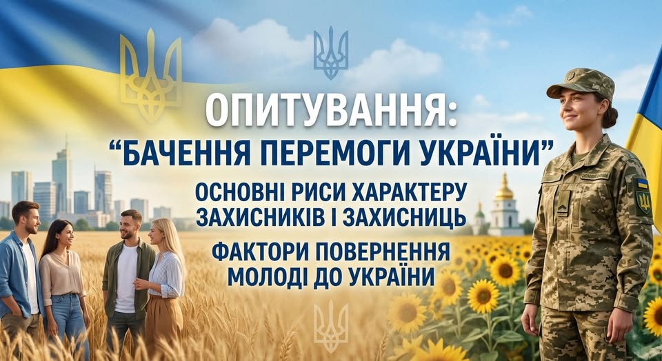 Інформаційний банер про опитування щодо бачення перемоги України містить великий синій текст по центру, зображення усміхненої жінки-військовослужбовиці праворуч на тлі соняшникового поля та чотирьох молодих людей ліворуч серед пшеничного поля на фоні міських хмарочосів і державного прапора