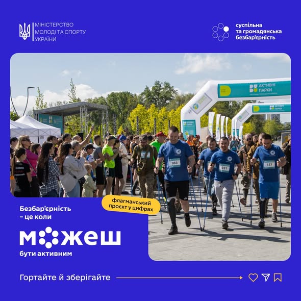 На синьому банері Міністерства молоді та спорту України з гаслом «Безбар'єрність — це коли можеш бути активним» розміщено фотографію з масового спортивного заходу, де чоловіки з протезами ніг впевнено йдуть із палицями для скандинавської ходьби під надувною аркою «Активні парки» повз глядачів, які їх підтримують