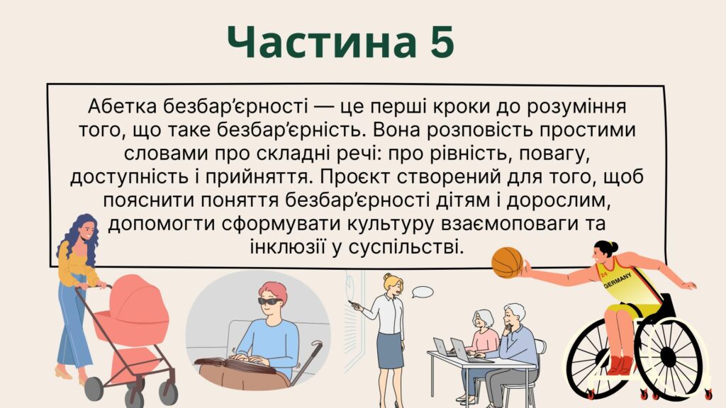 Слайд презентації з великим текстовим блоком під назвою «Частина 5», який пояснює суть «Абетки безбар'єрності», та нижньою ілюстрацією із зображенням різних людей: мами з дитячим візочком, незрячої людини, жінки зі слуховим апаратом, людей похилого віку за ноутбуком та спортсмена на кріслі колісному