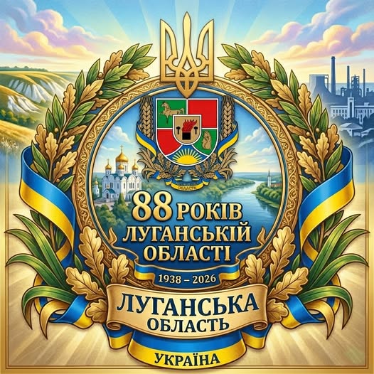 Праздничная открытка в честь 88-летия Луганской области (1938–2026), на которой по центру в обрамлении золотых колосьев, дубовых листьев и сине-желтой ленты расположен герб области, Тризуб, изображение собора и реки, а на заднем плане виднеются терриконы и заводы под мирным небом