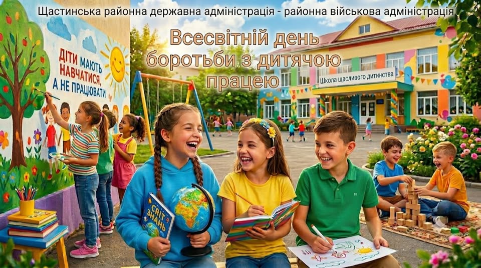 На яскравому колажі Щастинської РДА до Всесвітнього дня боротьби з дитячою працею зображено щасливих дітей, які навчаються, малюють на стіні та граються на подвір'ї барвистої школи під гаслом «Діти мають навчатися, а не працювати»