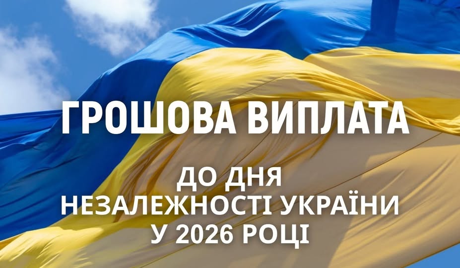 На інформаційному банері на тлі великого синьо-жовтого прапора України, що розвівається під хмарним небом, розміщено великий білий текст «ГРОШОВА ВИПЛАТА ДО ДНЯ НЕЗАЛЕЖНОСТІ УКРАЇНИ У 2026 РОЦІ»