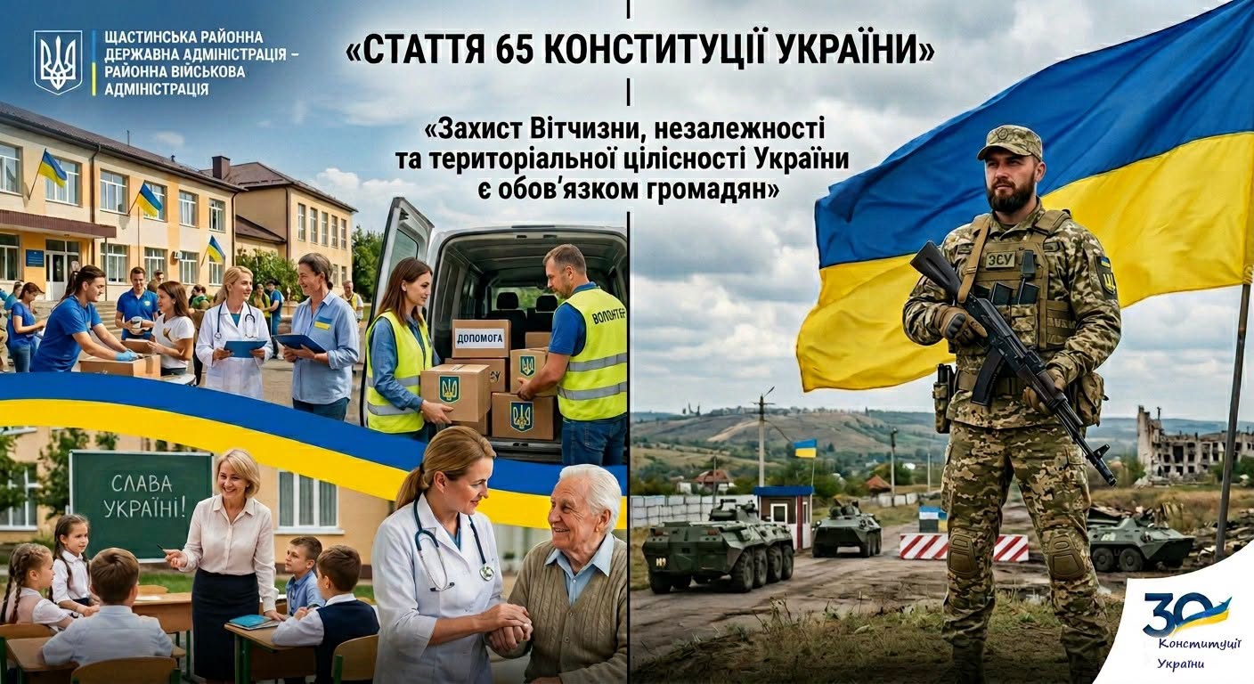 На колажі зображено українського військового зі зброєю на тлі прапора та зруйнованих будівель, а також цивільних громадян, які навчають дітей, надають медичну допомогу та розвантажують гуманітарну допомогу, що ілюструє текст статті 65 Конституції України про обов'язок захисту Вітчизни.