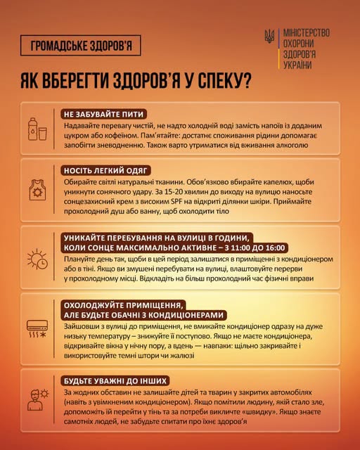 Інфографіка Міністерства охорони здоров'я України на помаранчевому тлі містить п'ять текстових блоків з порадами, як уберегти здоров'я у спеку, супроводжуваних відповідними графічними іконками.