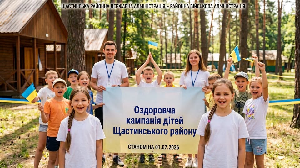 На світлині у лісовому таборі група усміхнених дітей та двоє вожатих тримають великий банер «Оздоровча кампанія дітей Щастинського району станом на 01.07.2026», тримаючи в руках маленькі прапорці України на тлі дерев'яних будиночків