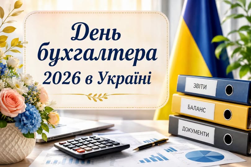вяткова листівка до Дня бухгалтера 2026 в Україні із зображенням робочого столу, на якому лежать калькулятор, графіки, три папки з написами «Звіти», «Баланс», «Документи», а поруч стоять прапор України та букет квітів.