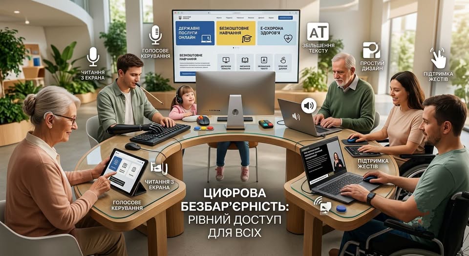 На інформаційному плакаті з написом «Цифрова безбар’єрність: рівний доступ для всіх» зображено людей з інвалідністю та людей похилого віку, які працюють за круглим столом із різними гаджетами, оточені іконками допоміжних технологій — від голосового керування до підтримки жестів.