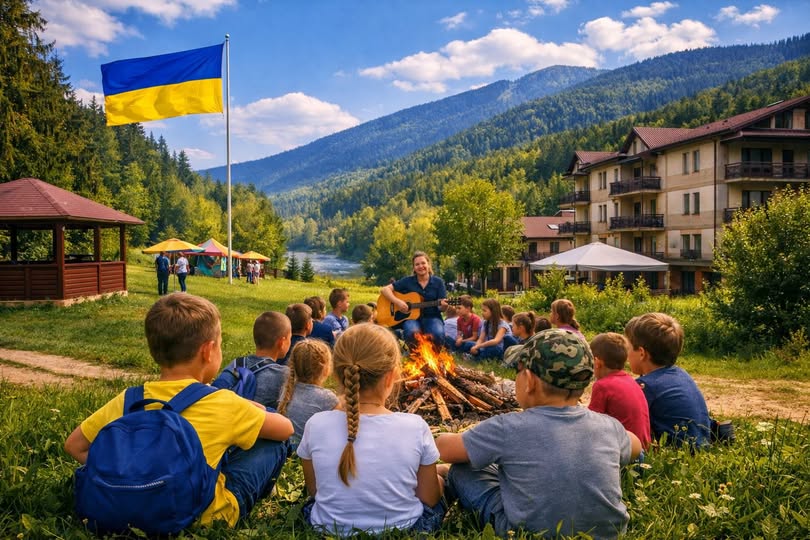 Група дітей сидить на зеленій галявині навколо багаття на тлі Карпатських гір, готелю та прапора України, слухаючи жінку, яка грає на гітарі