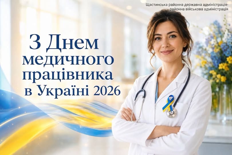 На святковій листівці від Щастинської РДА праворуч зображено усміхнену жінку-медика у білому халаті зі стетоскопом та синьо-жовтою стрічкою, а ліворуч на світлому тлі розміщено велике привітання «З Днем медичного працівника в Україні 2026».