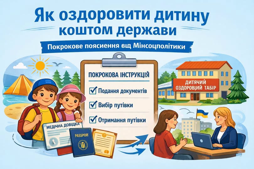 На інформаційному банері Мінсоцполітики про державне оздоровлення дітей зображено планшет із покроковою інструкцією, оточений ілюстраціями відпочинку хлопчика й дівчинки на морі, будівлі дитячого табору та жінки, яка оформлює путівку у спеціаліста за ноутбуком.