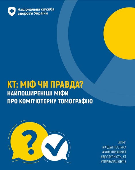 Інформаційний банер синього кольору із логотипом Національної служби здоров'я України містить великий жовтий напис «КТ: МІФ ЧИ ПРАВДА? НАЙПОШИРЕНІШІ МІФИ ПРО КОМП'ЮТЕРНУ ТОМОГРАФІЮ», а також іконки зі знаком питання та галочкою у лівому нижньому кутку.