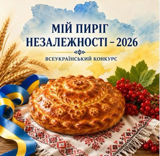 На зображенні представлено афішу всеукраїнського конкурсу «Мій пиріг Незалежності – 2026», де на фоні карти України у синьо-жовтих акварельних тонах зображено пишно прикрашений круглий коровай на вишитому рушнику, доповнений колосками пшениці, гронами калини та синьо-жовтою стрічкою.