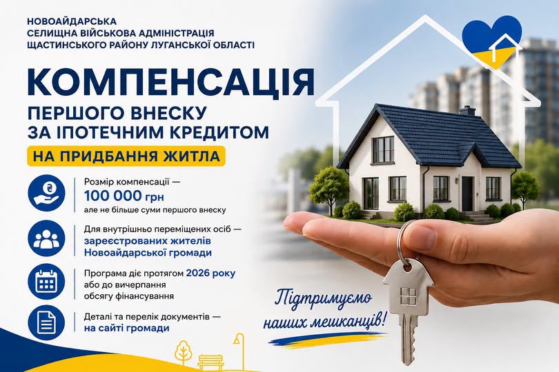 Інформаційний плакат Новоайдарської селищної військової адміністрації повідомляє про програму компенсації першого внеску за іпотечним кредитом на придбання житла у розмірі 100 000 грн для внутрішньо переміщених осіб громади протягом 2026 року, що проілюстровано зображенням руки, яка тримає ключі та макет будинку