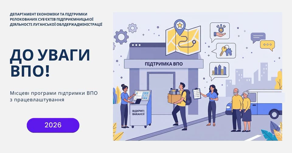 На інформаційному плакаті Луганської облдержадміністрації для внутрішньо переміщених осіб за 2026 рік ліворуч розміщено текстове оголошення про працевлаштування, а праворуч — векторну ілюстрацію з людьми, які звертаються до хабу з написом «Підтримка ВПО» та терміналом відкритих вакансій.