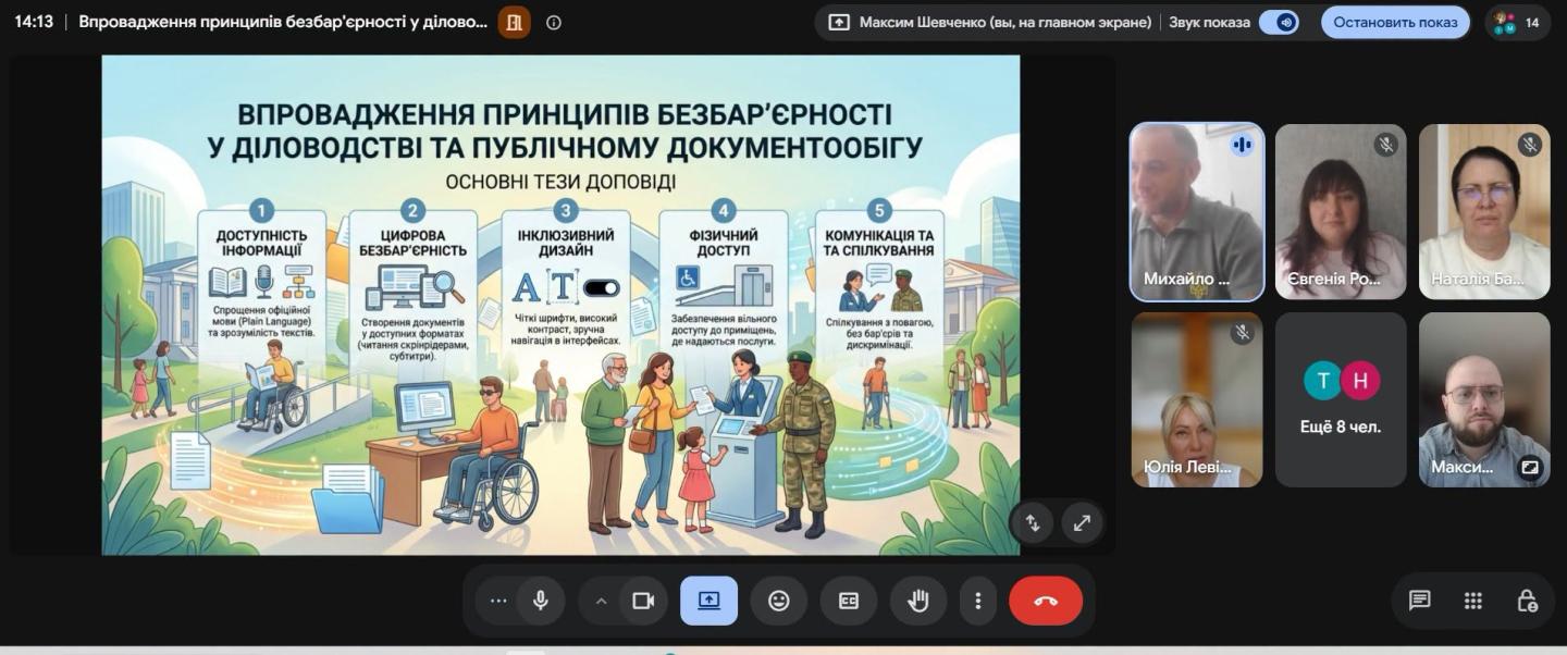 Скриншот онлайн-наради в Google Meet, де на головному екрані продемонстровано слайд презентації про впровадження принципів безбар'єрності в діловодстві з п'ятьма основними тезами та ілюстраціями доступного міського середовища, а праворуч відображено вікна з відеоучасниками зустрічі.