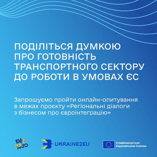 На синьому тлі з хвилястими лініями розміщено білий текст, який запрошує пройти онлайн-опитування про готовність транспортного сектору до роботи в умовах ЄС у межах проєкту «Регіональні діалоги з бізнесом про євроінтеграцію», а знизу зображено логотипи партнерів, зокрема прапор Європейського Союзу.