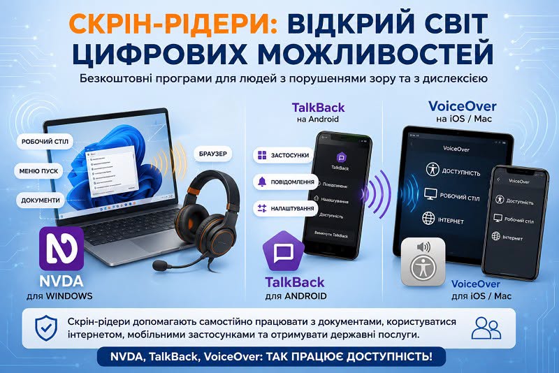 Інформаційний банер на синьому тлі презентує безкоштовні скрін-рідери для людей із порушеннями зору та дислексією, зображуючи ноутбук із програмою NVDA для Windows, смартфон із TalkBack для Android та планшет із телефоном, на яких активовано VoiceOver для iOS і Mac