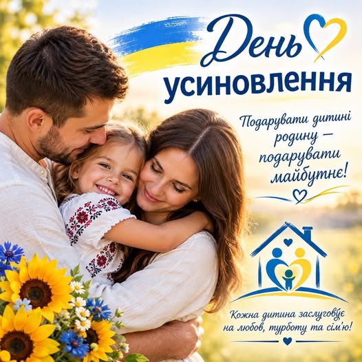 На зображенні щасливі батьки ніжно обіймають усміхнену маленьку донечку на тлі сонячного пейзажу з букетом соняшників, а праворуч розміщено великі написи «День усиновлення», гасло «Подарувати дитині родину — подарувати майбутнє!» та синьо-жовтий логотип у вигляді будинку з фігурками сім'ї всередині.
