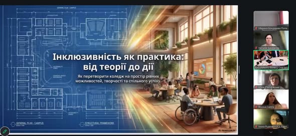 Скриншот онлайн-презентації в Google Meet на тему «Інклюзивність як практика: від теорії до дії», де на головному слайді архітектурне креслення кампусу плавно переходить у тривимірну візуалізацію сучасного інклюзивного коворкінгу зі студентами, а праворуч відображається вертикальна панель із віконцями учасників відеозустрічі.