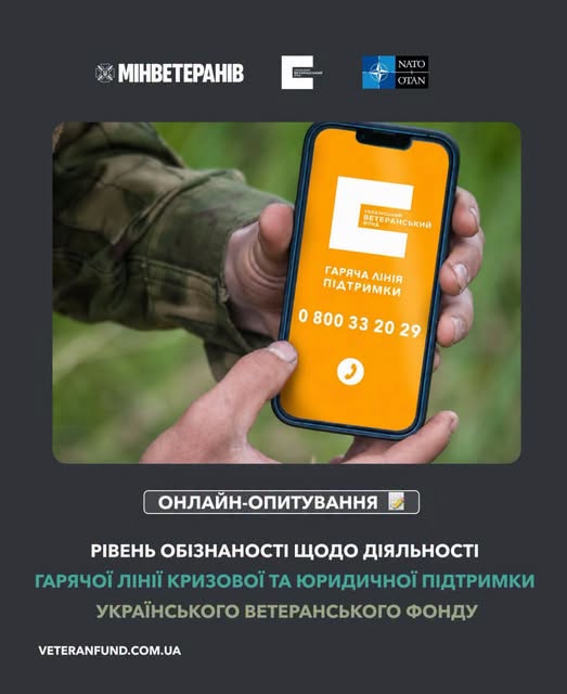 На зображенні представлено інформаційний плакат Українського ветеранського фонду із закликом пройти онлайн-опитування щодо обізнаності про гарячу лінію підтримки, номер якої — 0 800 33 20 29 — продемонстровано на екрані смартфона, що його тримають чоловічі руки у військовій формі.