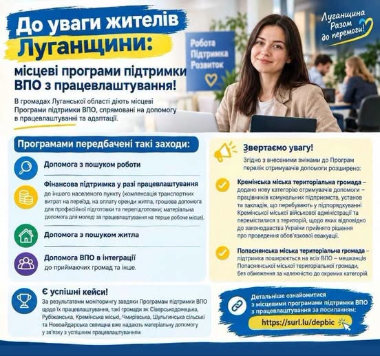 На зображенні представлено інформаційний плакат про місцеві програми працевлаштування для внутрішньо переміщених осіб (ВПО) з Луганщини. Плакат виконано у фірмових синьо-жовтих кольорах із використанням чітких текстових блоків та іконок.