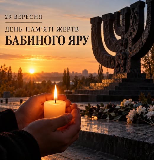 На зображенні представлені долоні, що тримають запалену свічку пам'яті на тлі меморіалу «Менора» у Бабиному Яру під час заходу сонця, з текстовим написом «29 вересня День пам'яті жертв Бабиного Яру».
