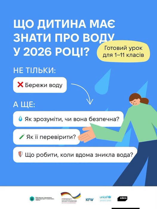 Інформаційний плакат на блакитному тлі з текстом «Що дитина має знати про воду у 2026 році?» та ілюстрацією дівчини, яка вказує на три важливі запитання про безпеку, перевірку та дії у разі зникнення води, окрім звичного заклику берегти її.