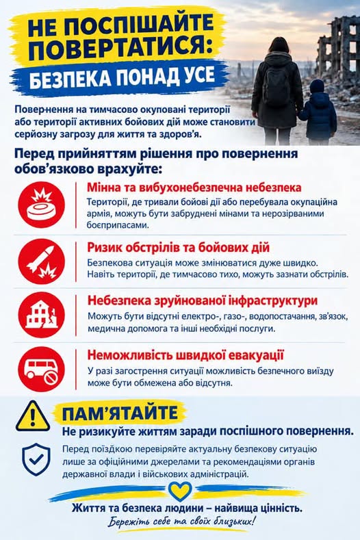 Інформаційний плакат із закликом «Не поспішайте повертатися» містить перелік безпекових ризиків, ілюстрований значками загрози та фотографією жінки з дитиною, які дивляться на зруйновані будинки.