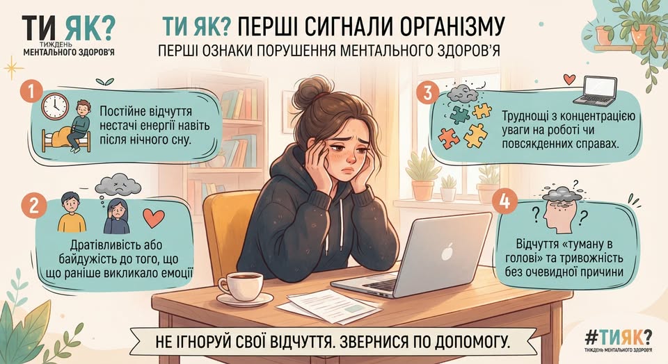 Інформаційна інфографіка Всеукраїнської програми ментального здоров'я «Ти як?» про перші ознаки стресу, де в центрі зображено засмучену й утомлену дівчину за робочим столом із ноутбуком, а навколо неї розміщено чотири пронумеровані блоки з текстовим описом симптомів та закликом звертатися по допомогу.