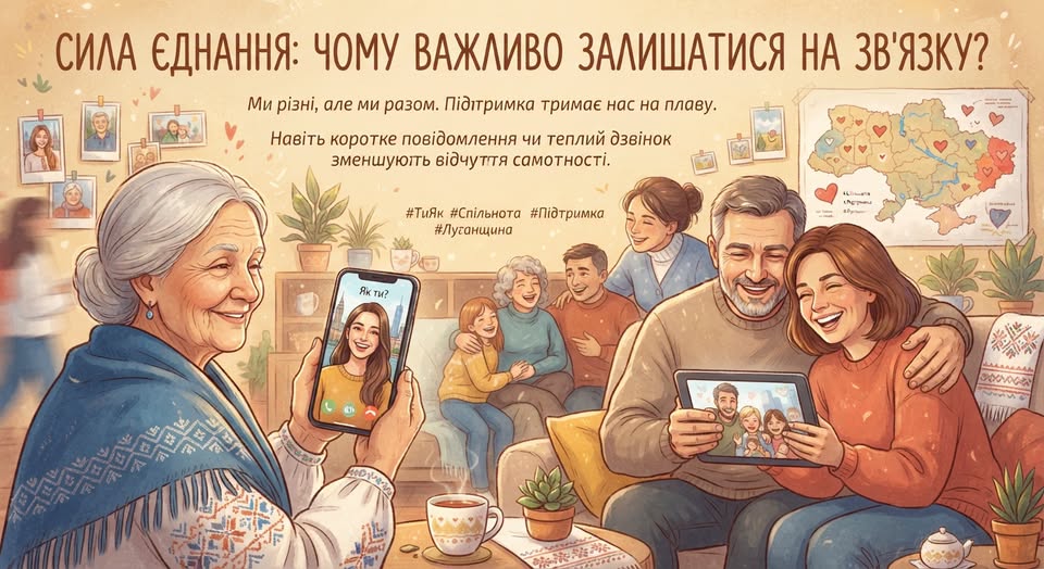 Тепла ілюстрація в бежевих тонах, яка показує літню жінку в українській вишиванці, що спілкується по відеозв'язку на смартфоні, та щасливу родину поруч, яка переглядає сімейні фото на планшеті на тлі карти України.