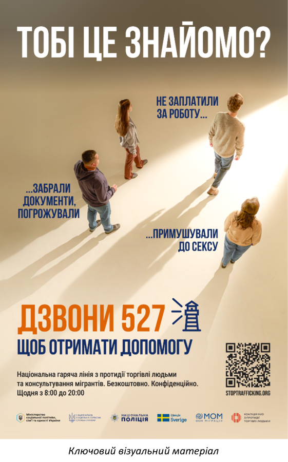 Цей соціальний плакат на світло-бежевому фоні за допомогою фотографій людей, що йдуть у порожнечу, та тривожних написів про трудову й сексуальну експлуатацію закликає постраждалих від торгівлі людьми звертатися за допомогою за номером гарячої лінії «527»