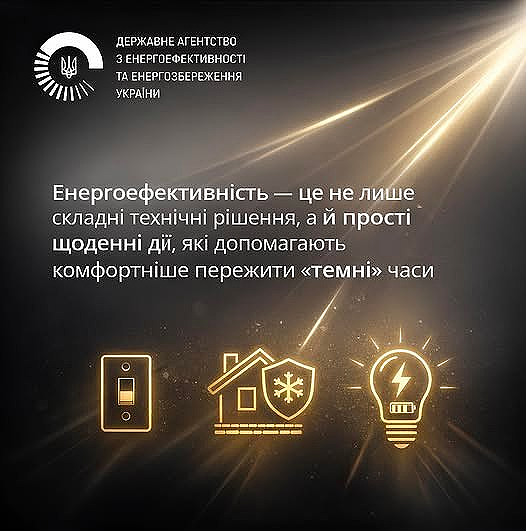 Інформаційний плакат про енергоефективність від Державного агентства з енергоефективності та енергозбереження України. На темному фоні золотистими літерами та піктограмами написано: «Енергоефективність — це не лише складні технічні рішення, а й прості щоденні дії, які допомагають комфортніше пережити «темні» часи». Знизу розташовані три іконки: вимикач світла, будинок із захисним щитом та сніжинкою, та лампочка з символом блискавки всередині