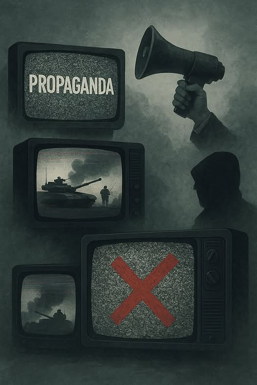 Ілюстрація в темних тонах, що критикує пропаганду. Кілька старих телевізорів із зернистим екраном. На верхньому телевізорі великими білими літерами написано «PROPAGANDA». На інших екранах зображені військові сцени з танками та вибухами. На одному з нижніх телевізорів поверх статичного зображення розташовано великий червоний знак «X». Права частина зображення містить руку, що тримає мегафон, та тінь або силует людини