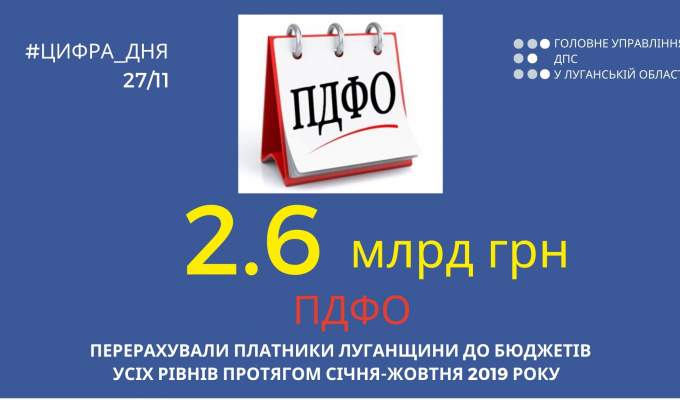Платники Луганщини перерахували до бюджетів усіх рівнів понад 2,6 млрд гривень ПДФО Платники Луганщини перерахували до бюджетів усіх рівнів понад 2,6 млрд гривень ПДФО