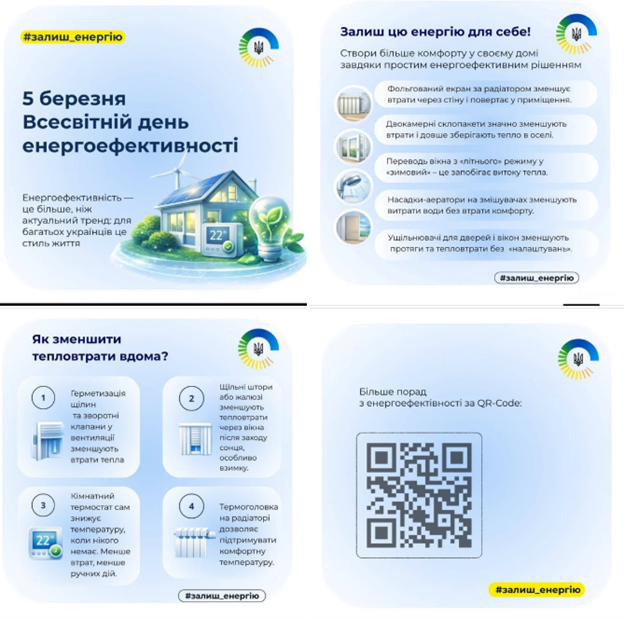 Інформаційна графіка до Всесвітнього дня енергоефективності містить практичні поради щодо збереження тепла та енергії в оселі, як-от використання терморегуляторів, ущільнювачів та спеціальних екранів для радіаторів.