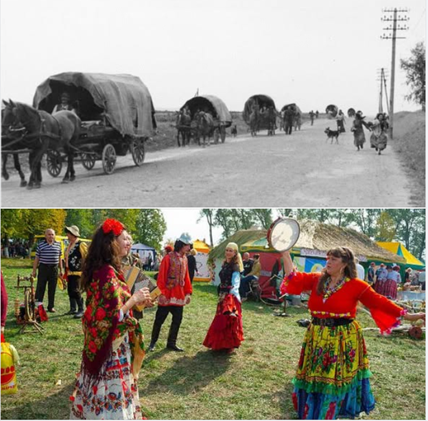 Колаж порівнює два аспекти ромської культури: верхня чорно-біла світлина показує традиційний кочовий побут із критими возами, запряженими кіньми, що рухаються дорогою, а нижня кольорова ілюструє сучасне святкування з людьми у яскравому національному вбранні, які танцюють і грають на музичних інструментах під час фестивалю на фоні наметів.