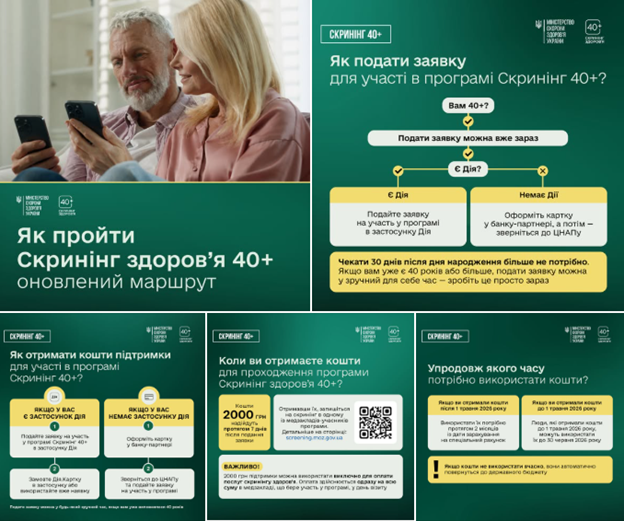 Колаж із п’яти інформаційних слайдів зеленого та білого кольорів від Міністерства охорони здоров'я України, що містить покрокові інструкції, схеми та умови участі в програмі «Скринінг здоров'я 40+» разом із фотографією зрілої пари зі смартфонами