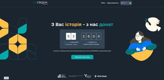 Вебсторінка платформи «Свідок» закликає користувачів ділитися своїми історіями в обмін на благодійні донати, демонструючи лічильник зібраних коштів на тлі символічних ілюстрацій та логотипів партнерів