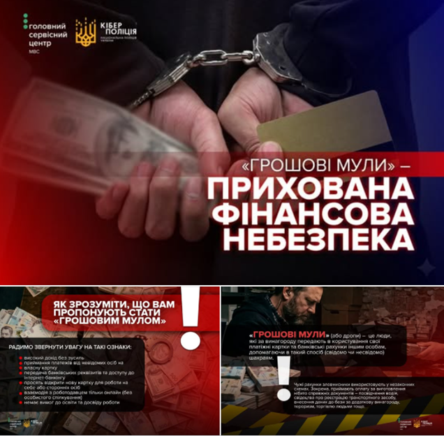 Інформаційний колаж від Кіберполіції та ГСЦ МВС застерігає про небезпеку стати «грошовим мулом», демонструючи заковані в кайданки руки з грошима та банківською карткою, а також перелічуючи ознаки сумнівних пропозицій роботи, як-от високий дохід без зусиль чи передача реквізитів рахунку стороннім особам.