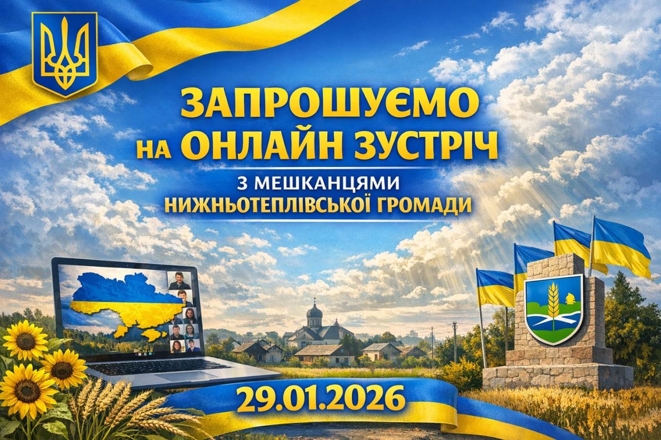 На зображенні рекламний банер, виконаний у синьо-жовтих кольорах, із закликом «ЗАПРОШУЄМО НА ОНЛАЙН ЗУСТРІЧ З МЕШКАНЦЯМИ НИЖНЬОТЕПЛІВСЬКОЇ ГРОМАДИ». У нижній частині розташований ноутбук, на екрані якого проходить відеоконференція з картою України та учасниками, а також вказана дата події: «29.01.2026». Навколо елементів фону зображені соняшники, українські прапори, герб України та сільський пейзаж із церквою на задньому плані