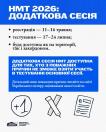 На інформаційному плакаті з синьою плашкою вгорі та білим фоном повідомляється про додаткову сесію НМТ 2026, що проходитиме з 17 по 24 липня для осіб, які не змогли взяти участь в основній сесії, з реєстрацією з 11 по 16 травня, та ілюстраціями у вигляді ручки з лінійкою, аркуша з тестами й символу «+1»