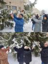 Це колаж із чотирьох фотографій, на яких зафіксовано людей різного віку під час участі у тихій акції пам'яті. Дія відбувається на вулиці взимку, дерева та земля вкриті снігом.