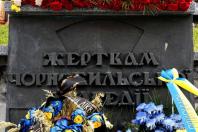 На темно-сірій кам'яній плиті пам'ятника розміщено об'ємний напис «ЖЕРТВАМ ЧОРНОБИЛЬСЬКОЇ ТРАГЕДІЇ», який зверху увінчаний низкою червоних гвоздик, а знизу доповнений кошиками синьо-жовтих квітів із пам'ятними стрічками