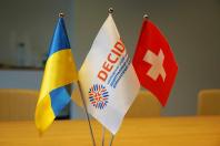 На дерев'яному столі встановлено три невеликі настільні прапорці: ліворуч — синьо-жовтий прапор України, посередині — білий прапор із логотипом швейцарсько-українського проєкту «DECIDE», а праворуч — червоний прапор Швейцарії з білим хрестом