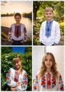 Колаж із чотирьох фотографій, на яких зображені діти в українських вишиванках: дівчинка зі зібраним волоссям на тлі річки під час заходу сонця, усміхнений хлопчик у сорочці з синім орнаментом на тлі розмитої зелені, дівчинка з чубчиком на тлі квітучого куща та русява дівчинка в блузці з великими вишитими маками та волошками