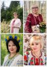 Колаж із чотирьох фотографій, на яких зображені жінки в українських вишиванках: жінка в окулярах біля декоративного куща на тлі лісу, блондинка у бордовій сукні з подарунком та квіткою у горщику, брюнетка у синьо-жовтому вінку та намисті, а також жінка зі світлим каре у вишиванці з яскравими червоно-зеленими квітами
