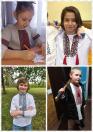 Колаж із чотирьох фотографій, на кожній з яких зображено дитину у вишиванці з різними геометричними орнаментами: дівчинка малює за столом, хлопчик із довгим волоссям посміхається, кучерявий хлопчик стоїть на тлі дерев, а ще один хлопчик тримає на плечі дерев'яний сувенірний виріб